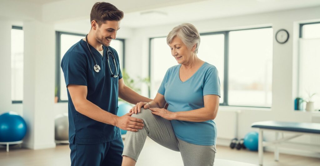Exercising After Knee Surgery4 A physical therapist helps a senior patient with gentle knee recovery exercises
