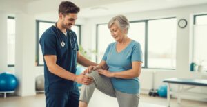 A physical therapist helps a senior patient with gentle knee recovery exercises