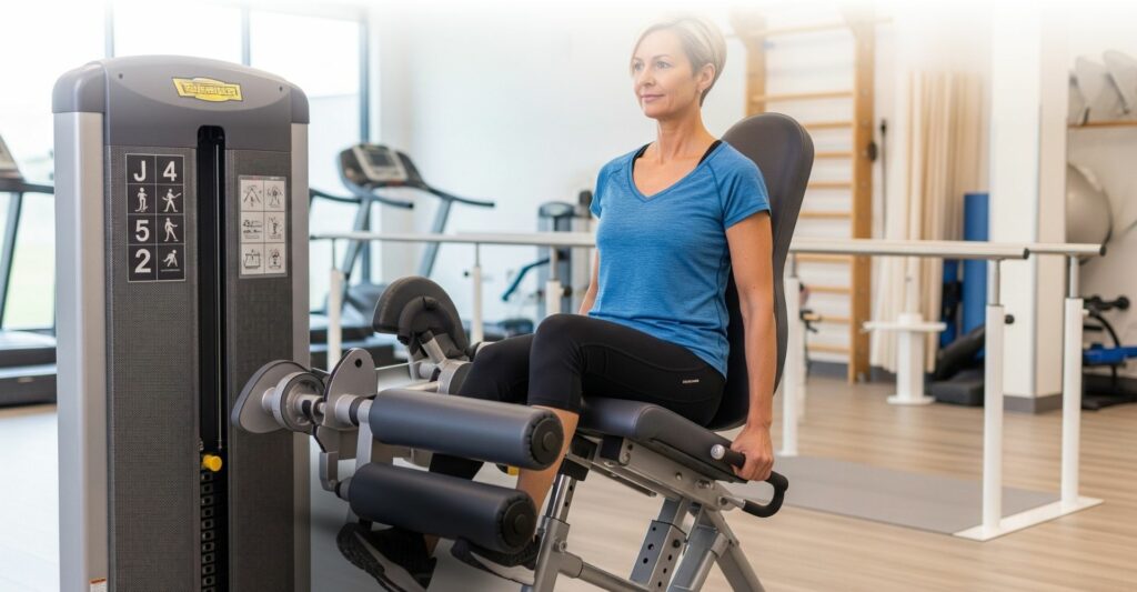 Person doing knee rehabilitation exercises with specialized equipmen