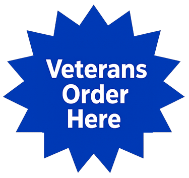 Blue starburst sign reading Veterans Order Here